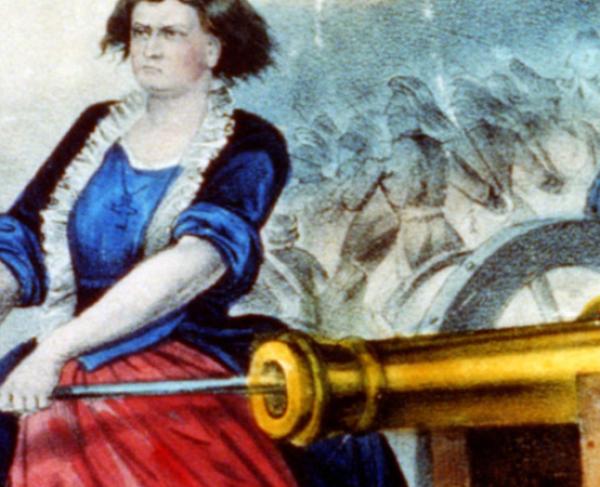 Painting of two women firing a cannon