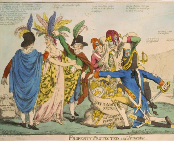 Political cartoon of allegorical Columbia and French revolutionaries