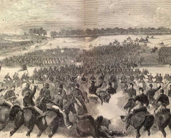 Illustration of Union cavalry attack at St. James Church on the Brandy Station Battlefield