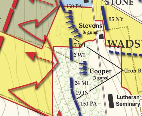 Map detailing the defense of Seminary ridge on July 1, 1863 at 4:00 pm