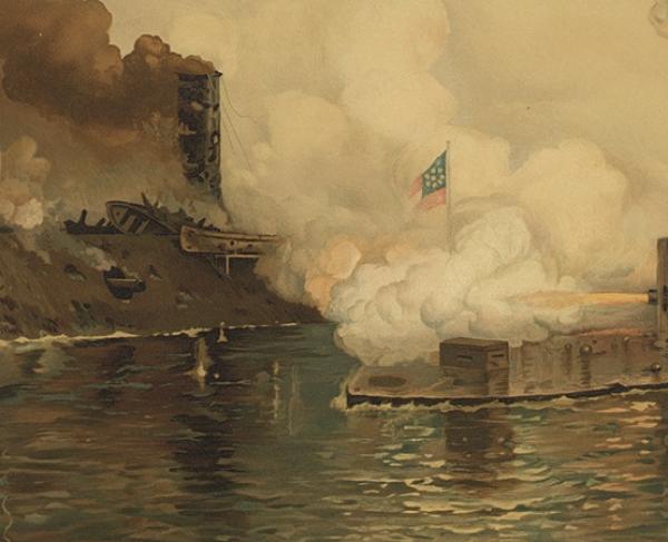 this painting depicts the hours-long engagement between the USS Monitor and the CSS Virginia at the battle of Hampton Roads.