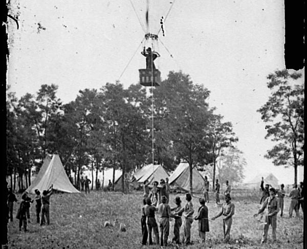 Fair Oaks, Virginia. Prof. Thaddeus S. Lowe observing the battle from his balloon "Intrepid"