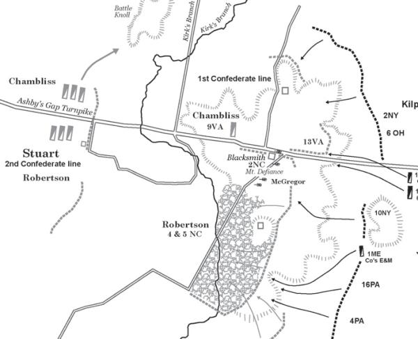 A black and white map of the clash at Middleburg on June 19, 1863