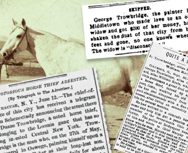 Newspaper clippings covering George Duane Trowbridge's exploits and a New York State Extradition Requisition Request dated June 1899.