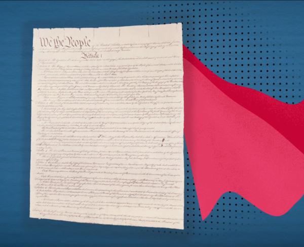 An illustration of the U.S. Constitution wearing a superhero cape.