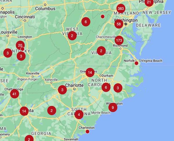 A map showing videos available from the American Battlefield Trust
