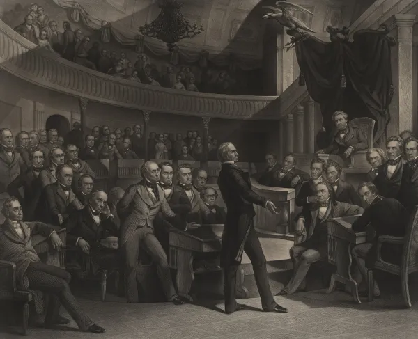 Engraving depicting Henry Clay addressing a crowded U.S. Senate chamber during debate over the Compromise of 1850.