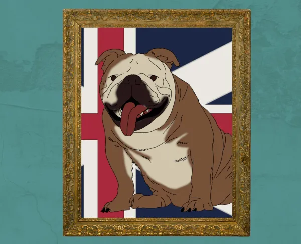 An illustration of framed portrait of a bulldog against a British flag.
