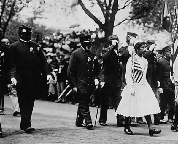 African American GAR veterans and family marching in New York City, 1912