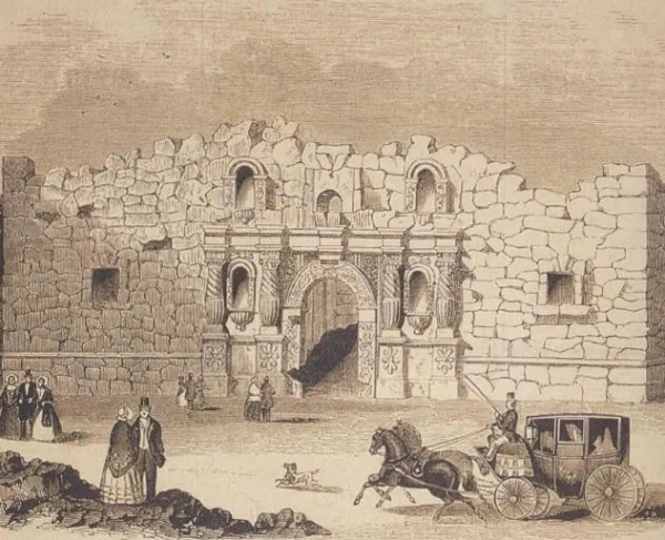 This image displays the siege of the Alamo by Santa Anna's forces in 1836.