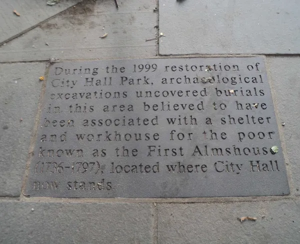 First Almshouse Site Marker at City Hall Park, New York City