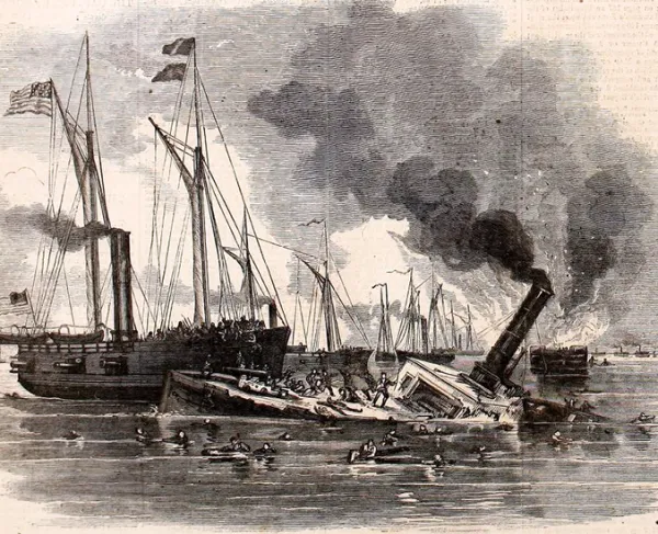 An engraving from Harper's Weekly titled 'The Destruction of Commodore Lynch's Fleet by Union Gunboats,' 1862