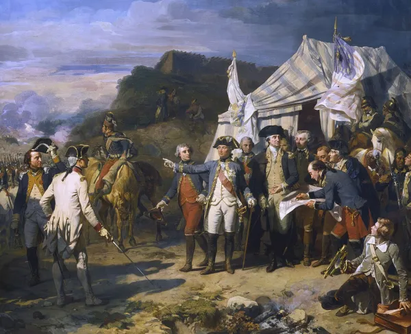 Historical painting depicting George Washington and allied French commanders, including the Comte de Rochambeau and Marquis de Lafayette, during the 1781 Siege of Yorktown.