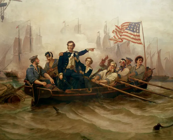 William Henry Powell’s Battle of Lake Erie, depicting Commodore Oliver Hazard Perry transferring by small boat from the damaged USS Lawrence to the USS Niagara amid heavy fighting during the War of 1812.