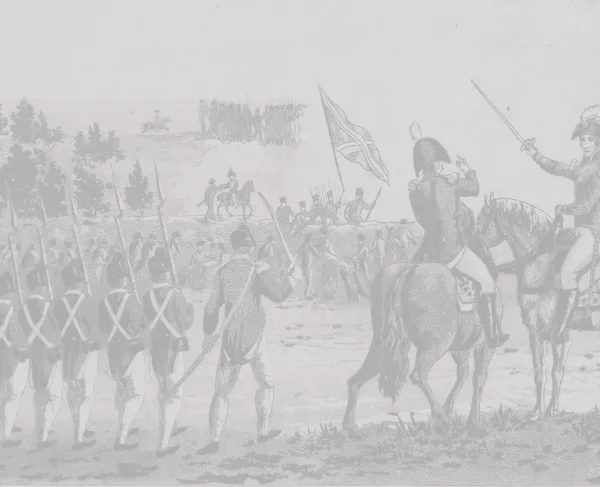 Cropped view of an engraving recolored in light greyscale tones shows General Jackson on a horse with American soldiers fighting the British in the background.