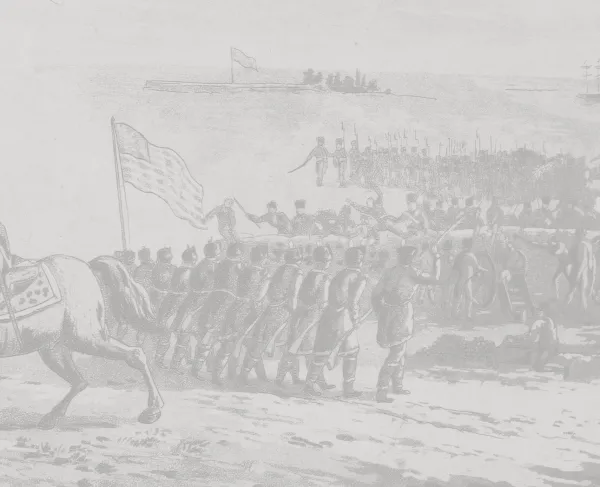 Cropped view of an engraving recolored in light greyscale tones shows General Jackson on a horse with American soldiers fighting the British in the background.