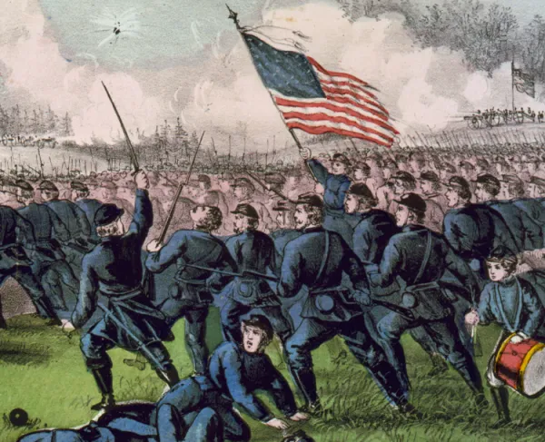 A color lithograph of the Battle of Corinth featuring Union and Confederate forces engaged in battle.