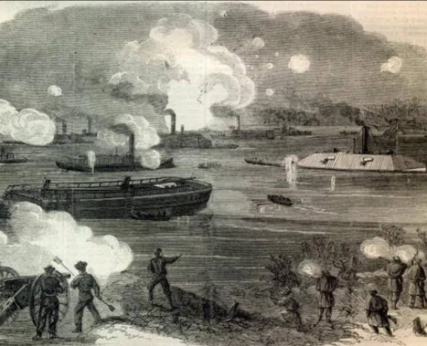 A sketch by Alfred Waud ,showing the Confederate fleet breaking through at Trent's Reach