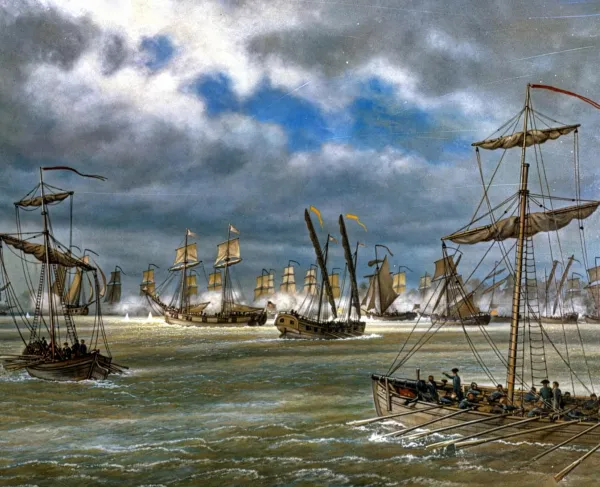 Painting of American and British vessels exchanging fire during the Battle of Valcour Island on Lake Champlain, October 11, 1776.