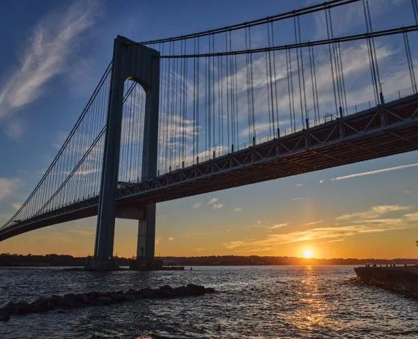 Gravesend Bay under the Verrazzano–Narrows Bridge in Brooklyn where the British navy anchored in 1776.