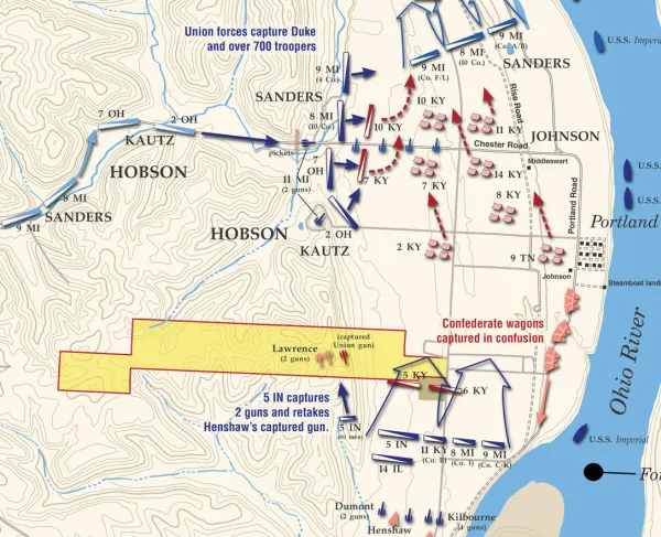A battle map of troop movements at the Battle of Buffington Island