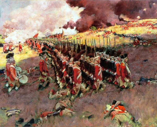 Howard Pyle painting depicting ranks of British soldiers advancing through smoke and heavy fire during the Battle of Bunker Hill.
