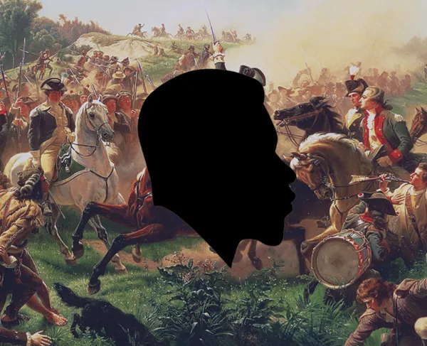 A silhouette of an African-American man overlaid over an painting of the Battle of Monmouth. 