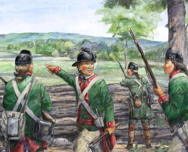 An illustration shows Butler's Rangers defending their fortified position during the Battle of Newtown on August 29, 1779.