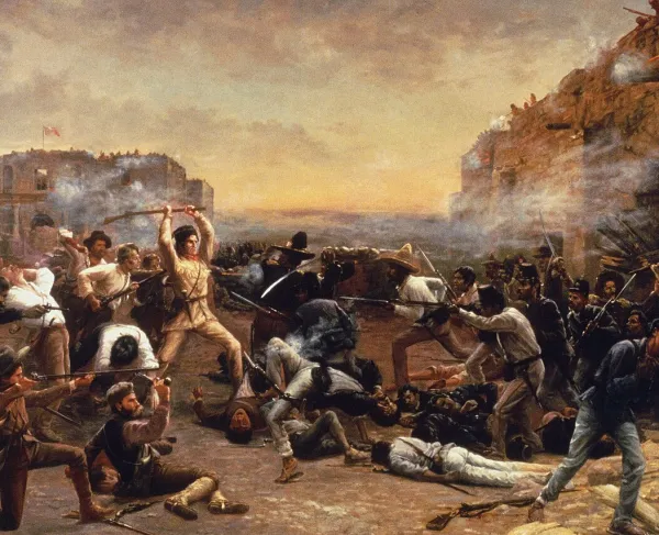 Historical painting depicting Davy Crockett and other Alamo defenders fighting Mexican soldiers during the final assault on the Alamo in 1836.