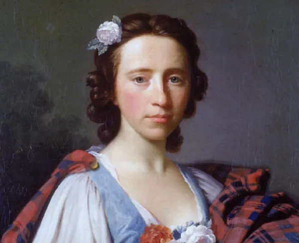 Oil portrait of Flora MacDonald wearing a tartan dress and holding white roses, a symbol associated with the Jacobite cause.