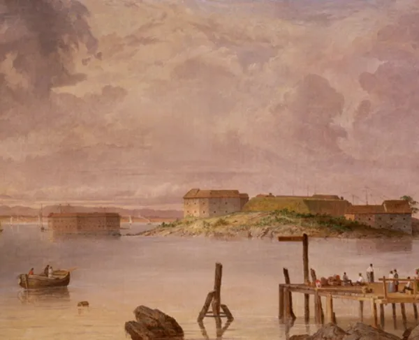 A historic coastal fort sits on a small island across calm water, viewed from a shoreline with a wooden pier and small boats. Dark clouds fill the sky above the stone buildings, while figures gather along the dock in this 19th‑century painting.