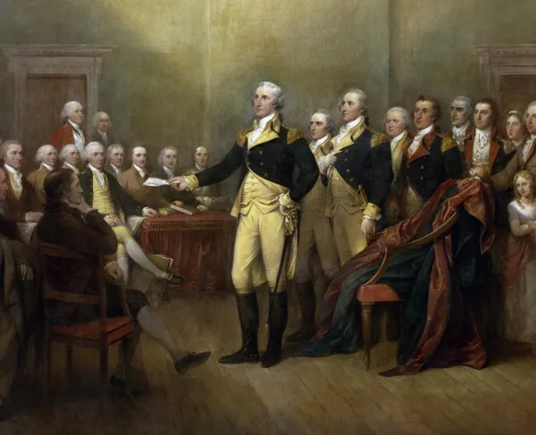 George Washington stands before members of Congress in the Maryland State House in Annapolis to resign his commission as commander in chief of the Continental Army.