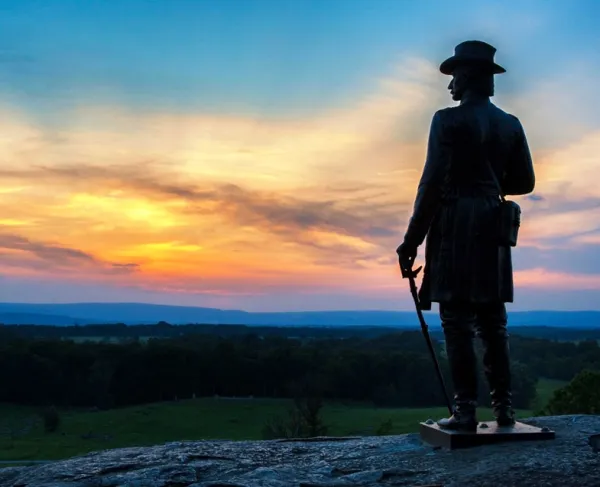 The monument to Union Maj. Gen. Gouverneur K. Warren stands on Little Round Top at Gettysburg National Military Park.