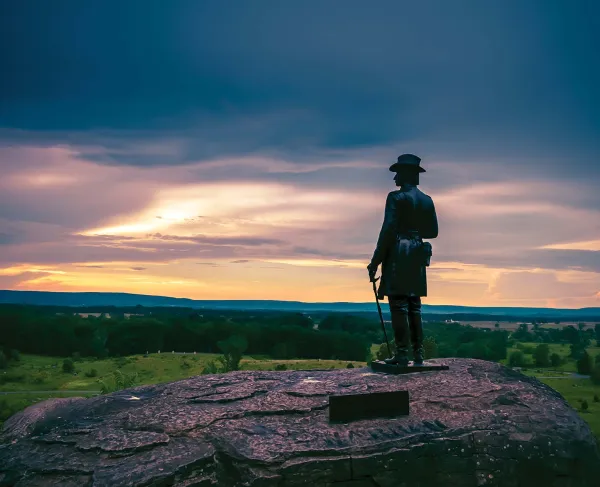 The monument to Maj. Gen. Gouverneur K. Warren stands atop Little Round Top at Gettysburg National Military Park, Pa.