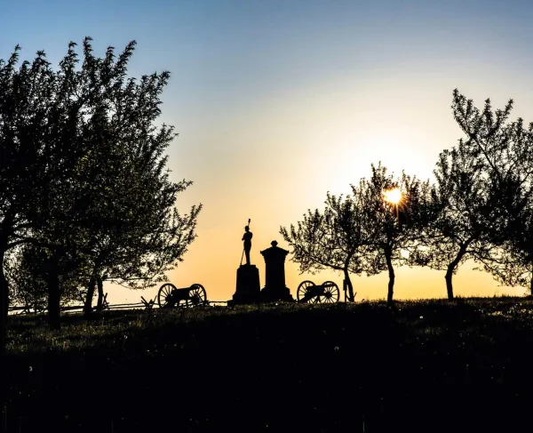 A monument stands silhouetted between two cannons amid peach trees at sunrise.