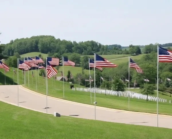 A roadway curves through a military cemetery, lined with tall flagpoles carrying American flags, with rows of white headstones stretching across the green hillside.