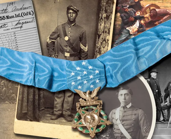 AN array of photos of Medal of Honor winners overlaid with a Medal of Honor