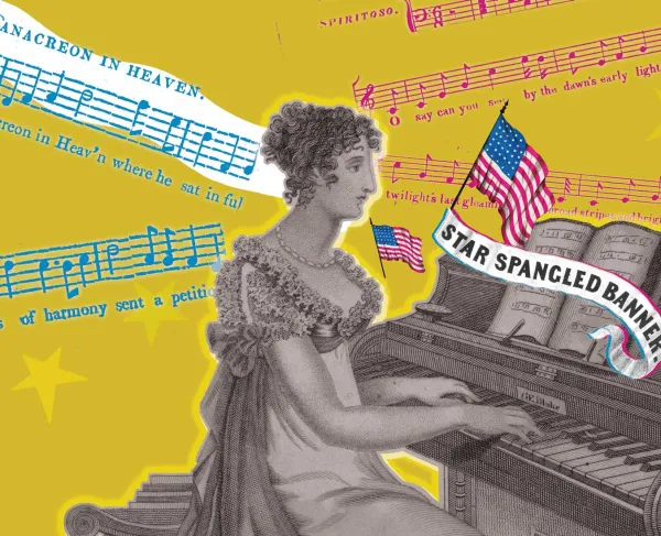 Illustration of a woman playing a piano with sheet music titled 'Star Spangled Banner,' surrounded by American flags and colorful musical notes, including excerpts from 'To Anacreon in Heaven,' the melody on which the national anthem was based