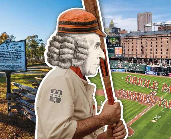A collage of Camden Battlefield, Charles Pratt in a baseball uniform, and Oriole Park