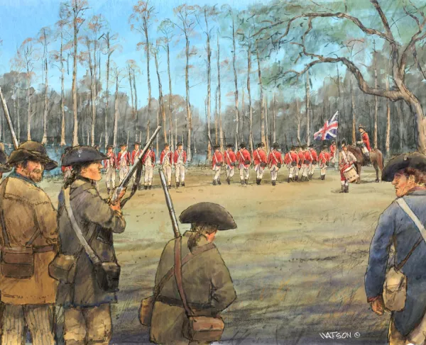 An illustration of Patriot and British forces at Halfway Swamp