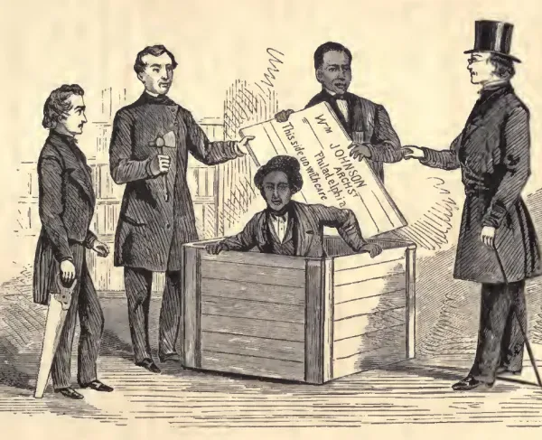 Illustration of Henry Box Brown's "resurrection" in Philadelphia. From William Still's 1872 book The Underground Railroad.