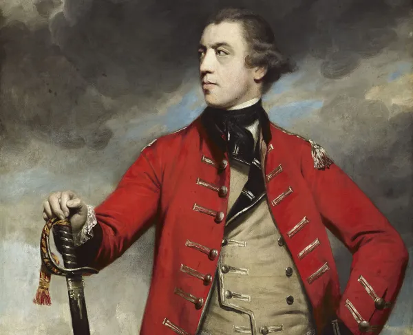 Portrait of British General John Burgoyne wearing an eighteenth-century military uniform and posed against a dark background.