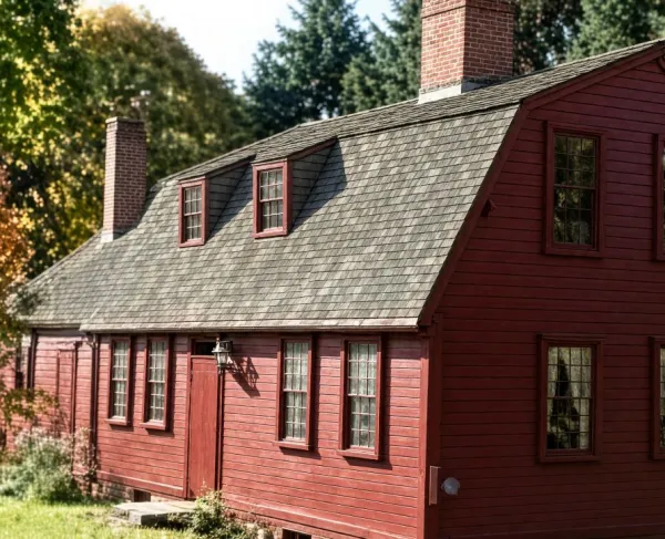 Red gambrel-roof farmhouse built in 1764-1778 with center fireplace