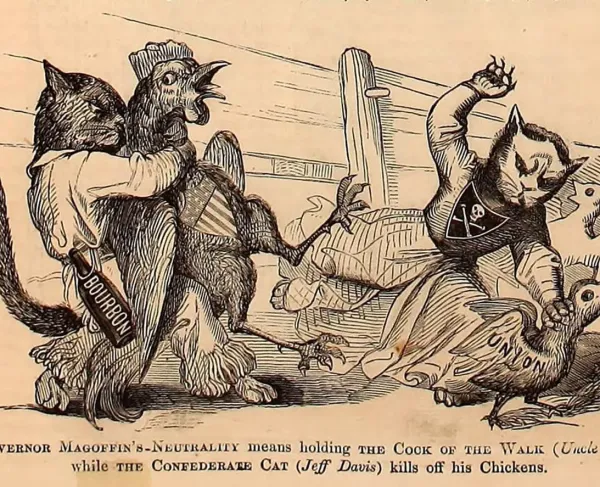 Political cartoon depicting Kentucky Governor Beriah Magoffin's neutrality policy during the Civil War, with Uncle Sam restraining the governor while Confederate President Jefferson Davis, portrayed as a cat, attacks the nation's chickens.