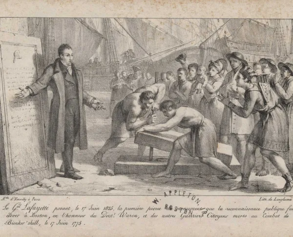 The lithograph depicts the Marquis de Lafayette laying the cornerstone of the Bunker Hill Monument on June 17, 1825, during the 50th anniversary commemoration of the battle.