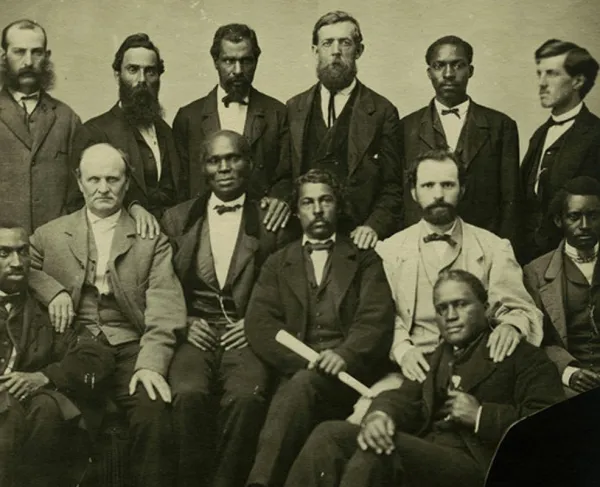 Part of the petit jury empanelled to try Jefferson Davis for treason, ca. May 1867. Landon Boyd standing in rear of image, 5th from right.