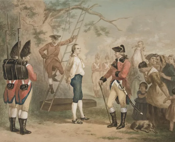A watercolor image depicting Nathan Hale standing under a tree while a British officer, on a ladder above him, prepares to hang him. 
