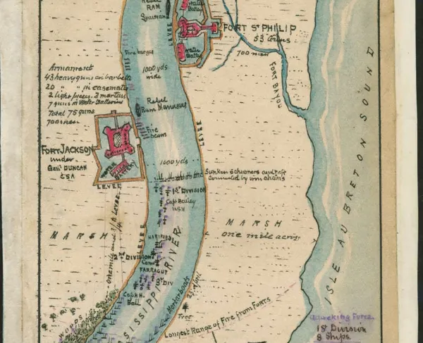 Map showing the defenses of the Mississippi below New Orleans and Farragut's attack 24 April 1862.