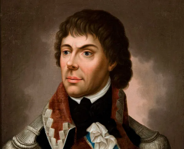 Oil painting of a man in military uniform. 