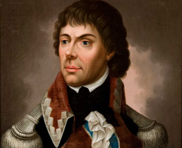 Oil painting of a man in military uniform. 